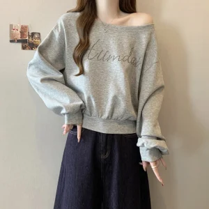 Women Tops Long Sleeve Slash Neck Tee Print T Shirts Loose Fit Casual Basics Slight Strech Autumn 2025 Spliced Diamonds