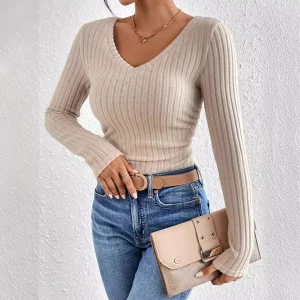 Knitted Top Women Pullover Knitting T Shirt V Neck Jumper Sweater Autumn Winter 2025 Casual Tops Basic Knitwear Office Lady