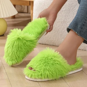 New Autumn Winter Women Fashion Faux Fur Slippers Solid Color Comfort Indoor Home Slippers Woman Lightweight Warm Fluffy Slides