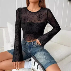 Top Women Sexy Blouses Bottoming Spider Web Sheer Round Collar Flare Sleeve Undershirts Thin Tops Summer Female Streetwear 2025